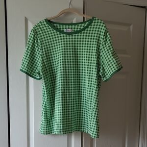 Denim&Co Green and White Gingham Short Sleeve Tee (L)